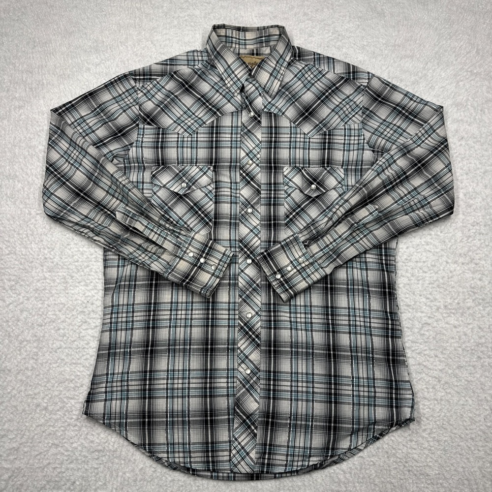 Wrangler Pearl Snap Button Plaid Long Sleeve Shirt Blue Men's‎ Size Medium